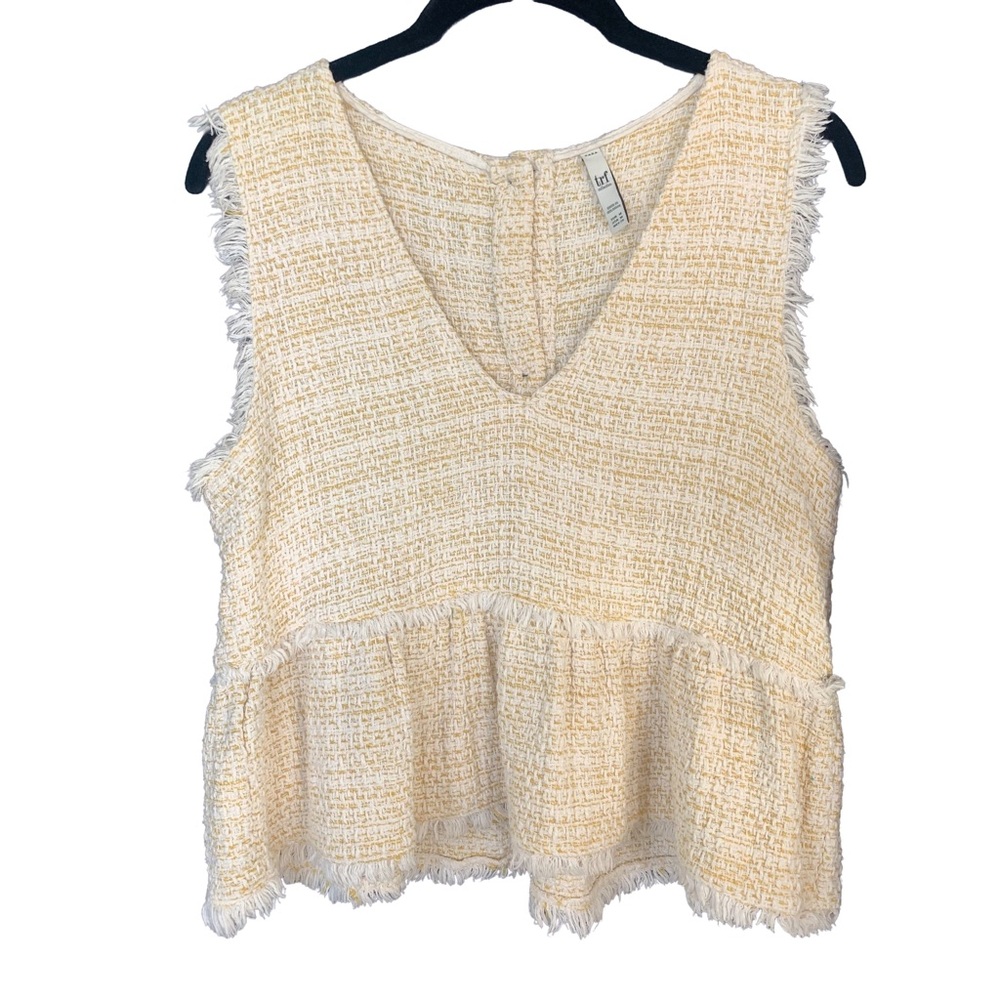 Zara Trf Collection M Top White Yellow Gold Tweed Sleeveless V Neck Button Back